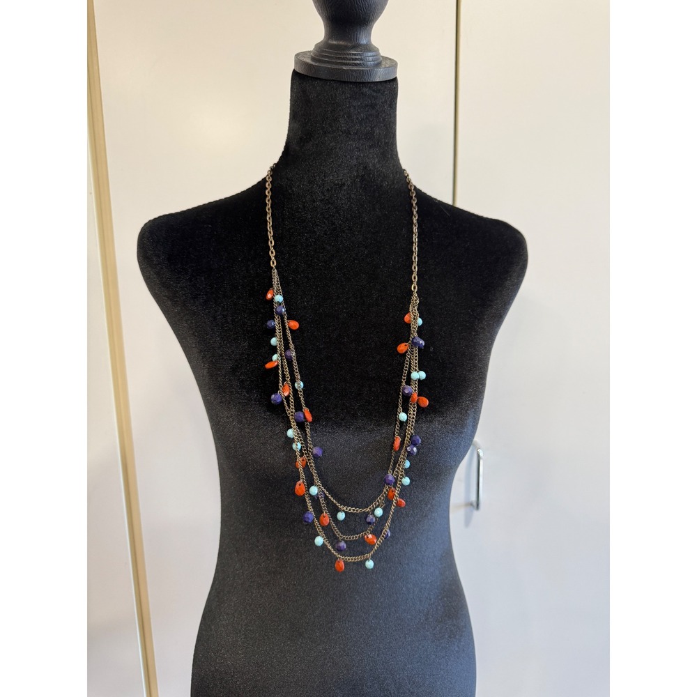 Boho Multi Strand Layered Bead Necklace Brass Tone Turquoise Coral Purple